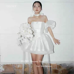 OLOEY Simple Mini Wedding Dresses For Women Bride Strapless Bridal Gowns White Evening Dress A-Line Tiered Satin Reception Dress