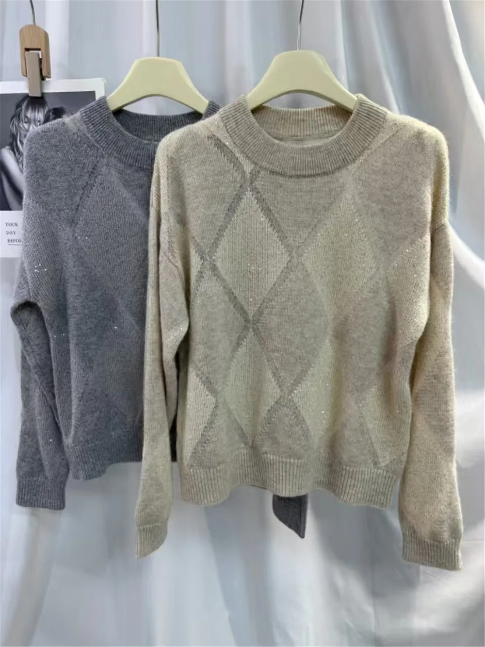 Cashmere Wool Blend Pullover Sweater Sequined Round Neck Checkered Casual Versatile Knitwear