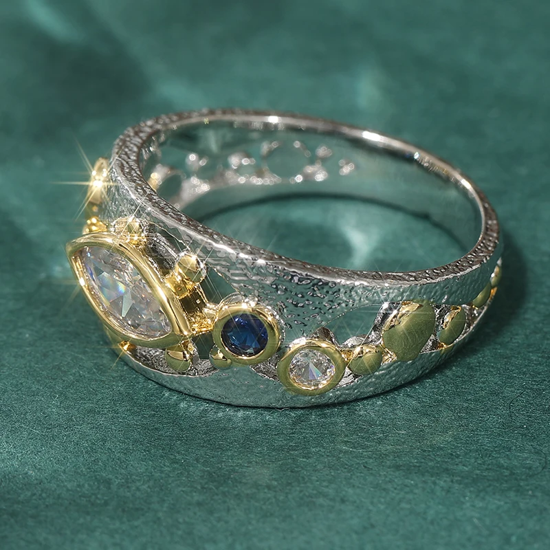 Vintage Zweifarbig Eingelegter Blau-Weißer CZ Damenring Geometrisch Ausgehöhlt Tägliches Tragen Party-Schmuck – Detail 2
