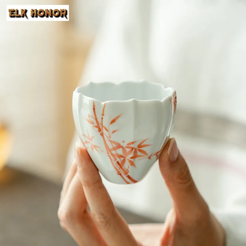 2pc/set Pure Hand-painted Red Bamboo Tea Cup Tracing Silver Personal Scented Porcelain Mug Women's Master Cup Kung Fu Tea 90ml