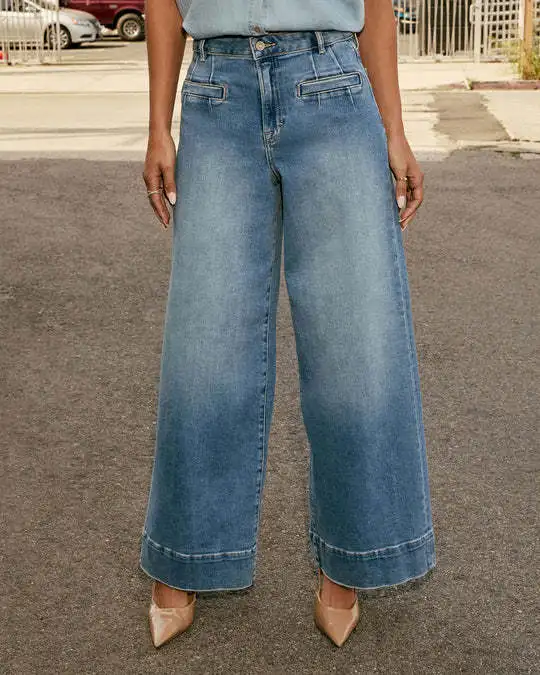 Jean taille haute en détresse pour femmes, pantalon à jambes larges, longueur cheville, ample, fermeture éclair, délavé, Vintage, été