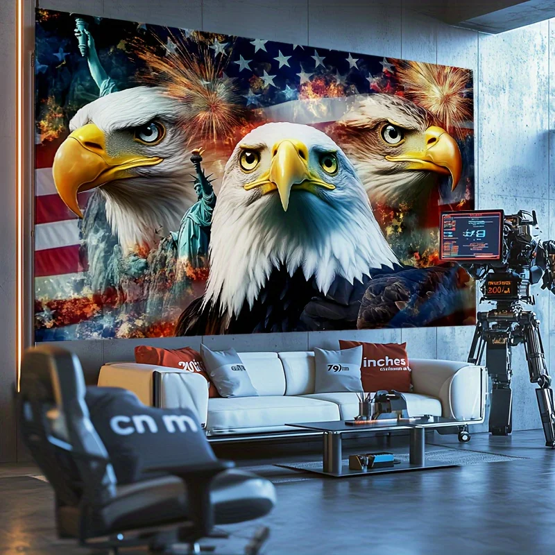 2D Flat Vintage American Flag & Eagle Tapestry Wall Hanging - Patriotic Stars & Stripes Design With Bald Eagle Head Motif Durabl