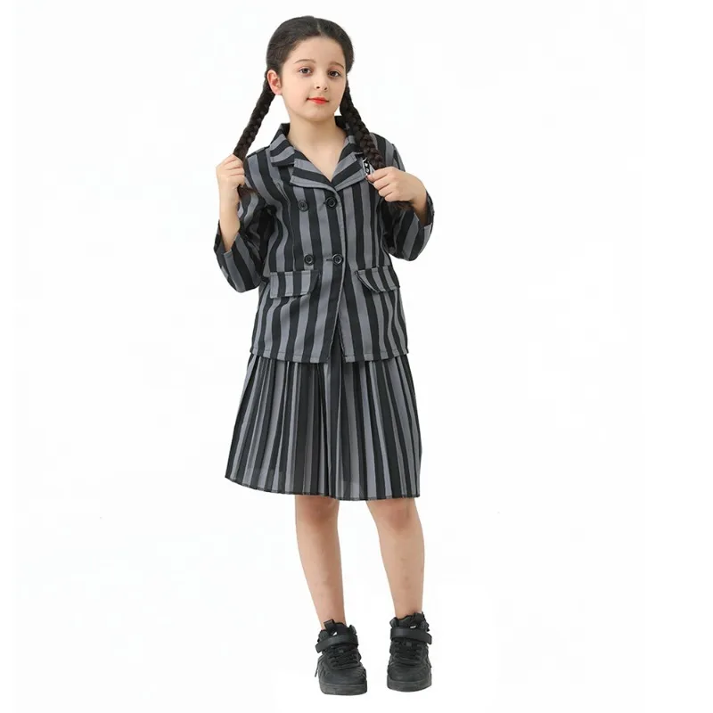 Mercoledì Abito nero viola Costume cosplay Uniforme scolastica per famiglia Addams per ragazze Donne Spettacolo teatrale per feste di Halloween
