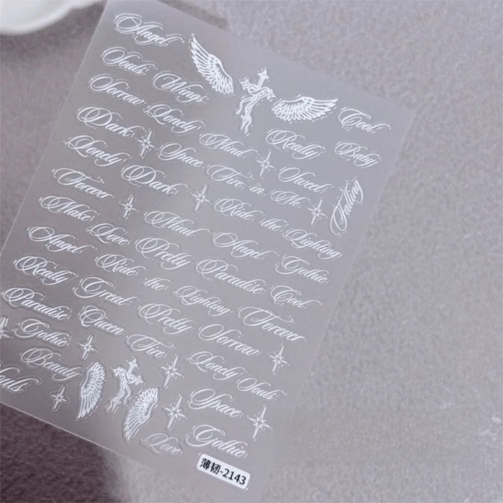 Vintage Black White Wing Nail Art Stickers Self-Adhesive Holographic Letter Words Nail Decals Thin Manicure Stickers Home DIY
