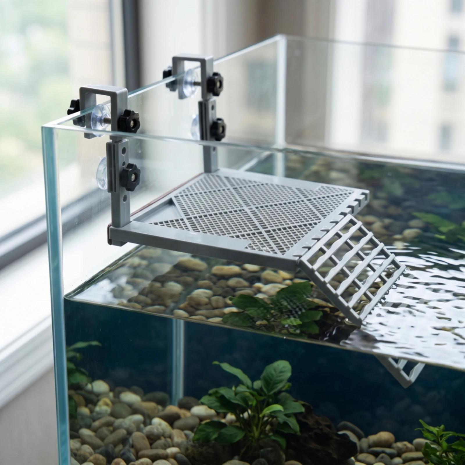 Turtle Basking Platform with Ramp Adjustable Turtle Basking Platform Resting Dock Suction-Cup Perforated for Aquatic Turtles