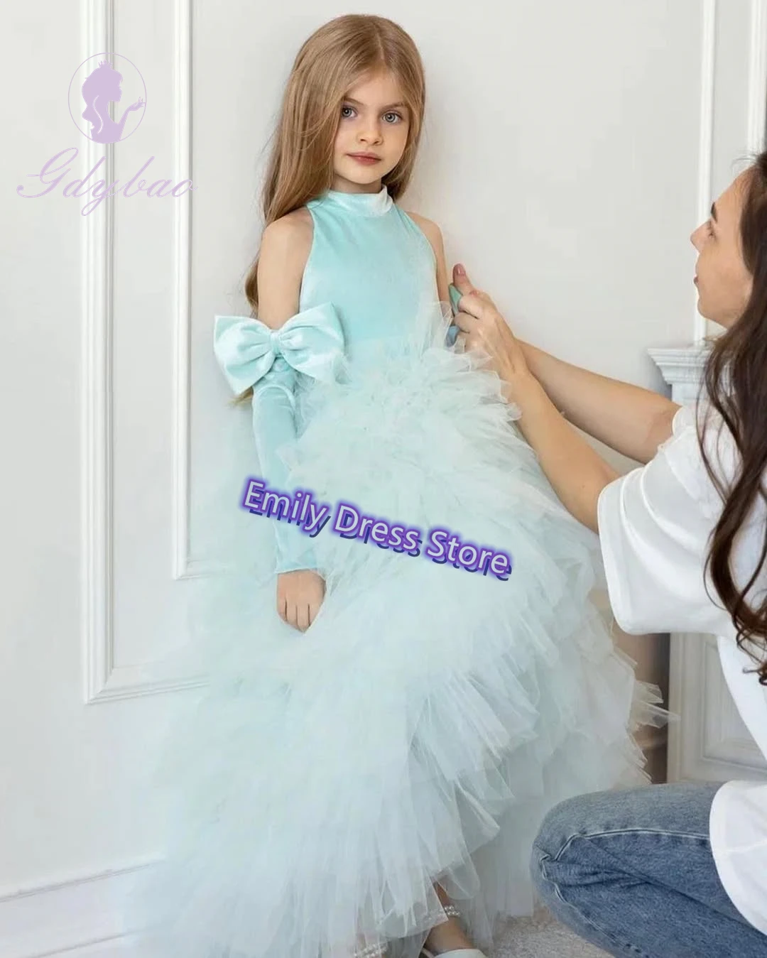 Customized Ice Blue Flower Girl Dress For Wedding O-neck Velet Layered Tulle Puffy Kids Birthday First Communion Ball Gown