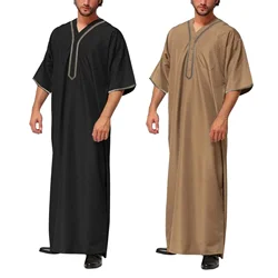 Vestes de Kaftan muçulmano Vintage meia manga masculina, V-Neck Impresso Galabia Thobe, Patchwork sólido, roupas árabes, lazer, plus size S-5XL