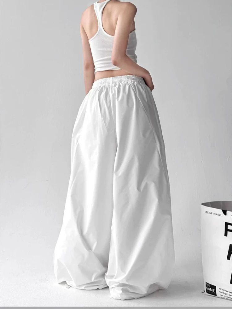 Amerykańskie spodnie cargo z szerokimi nogawkami, wysoki stan, sznurek, nadruk księżyca, estetyka Y2K, streetwear, letnie, luźne spodnie o swobodnym kroju.