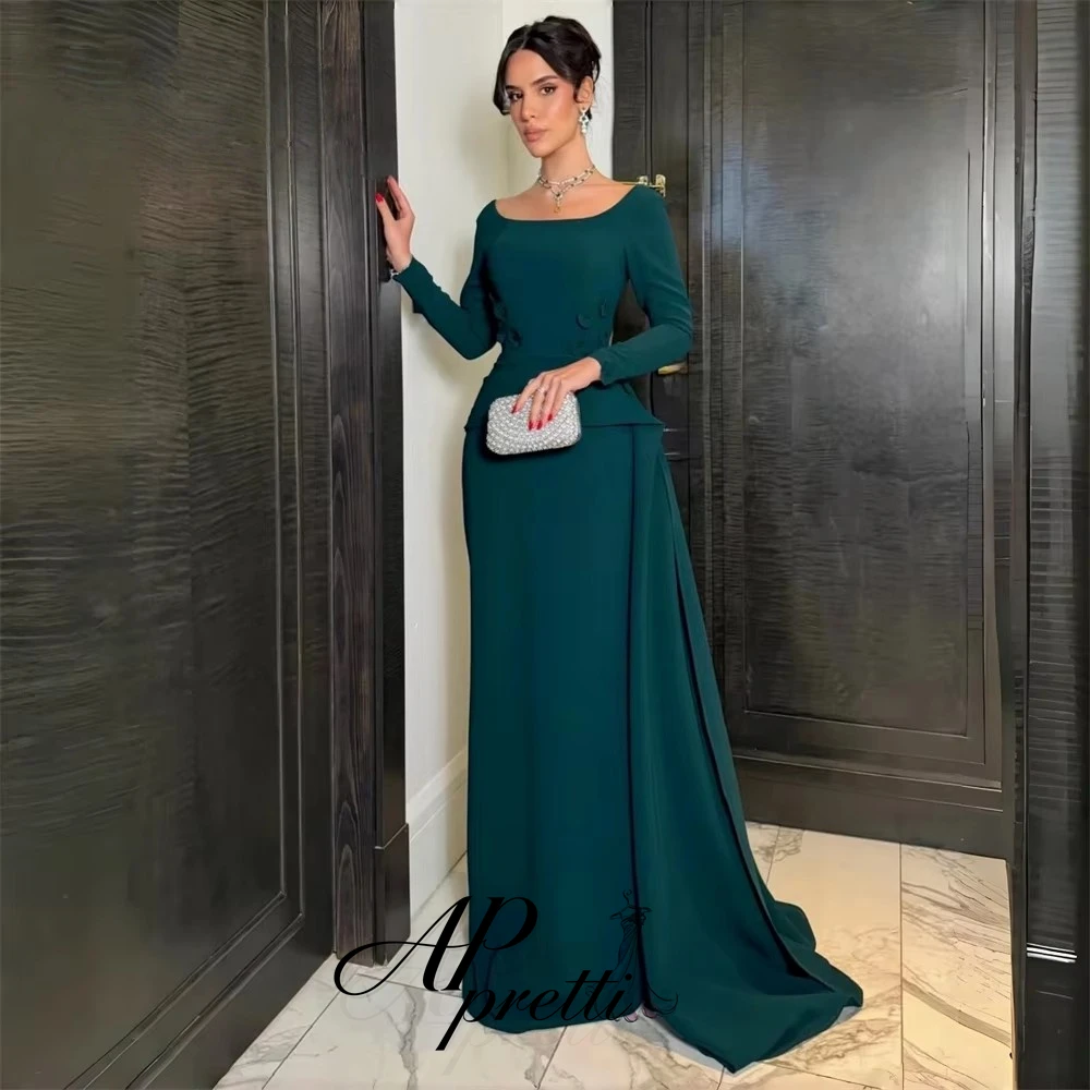AP pretti Customized Dark Green Off Shoulder 3D Floral Long Sleeve Mermaid Evening Dress Side Sweep Train Formal Party Prom Gown