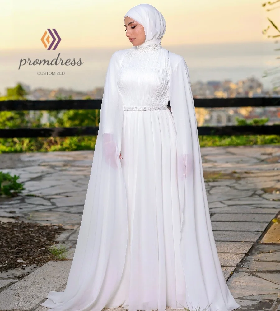 이슬람 무슬림 웨딩 드레스 높은 목 페르시 긴 소매 쉬폰 신부 가운 아랍어 두바이 해변 신부 드레스 2025 맞춤형