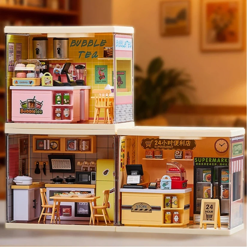 New DIY Mini Doll House 3D Puzzle Kitchen Milk Tea Convenience Store Scene Model Doll House Adult Combinable Gift Puzzle Toy