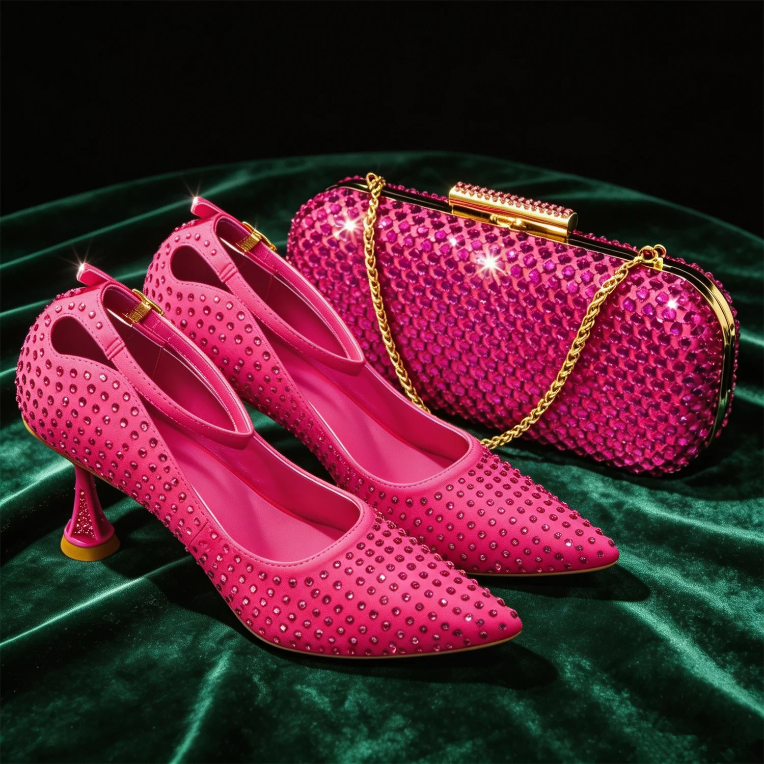 

2026 Elegant Fuchsia Women's Heels & Handbag Set – Stunning Rhinestone-Embellished Shoes for Weddings and Special Events
