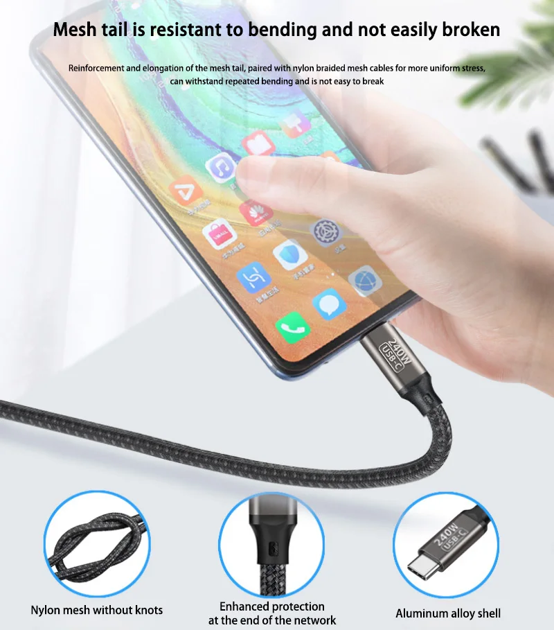 PD240W Ultra Fast Charge Cable Type C to Type C Charger Cable forxiaomi MacBook Pro With E-Marker chip