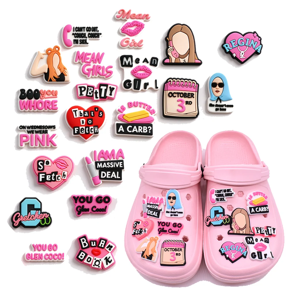 20Pcs Pink Cute Funny Slogan Shoe Charms PVC Soft Rubber Shoe Decorations Accessories Croc Clogs Sandals Gift for Girls Women