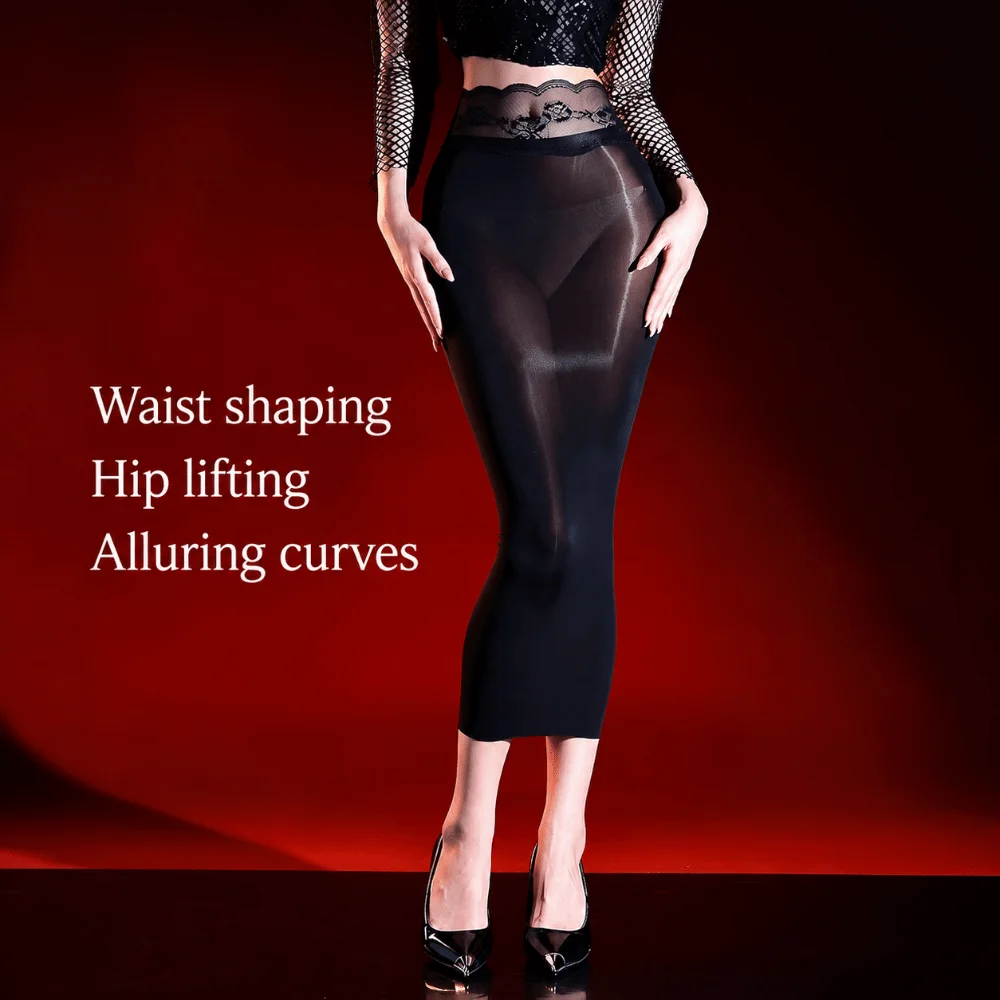 5D Ultrathin Hip Pencil Skirts High Lace Waist Elastic Lift Butt Sheer Wrap Skirts Oil Glossy Shiny Sheer Bodycon Dresses Women