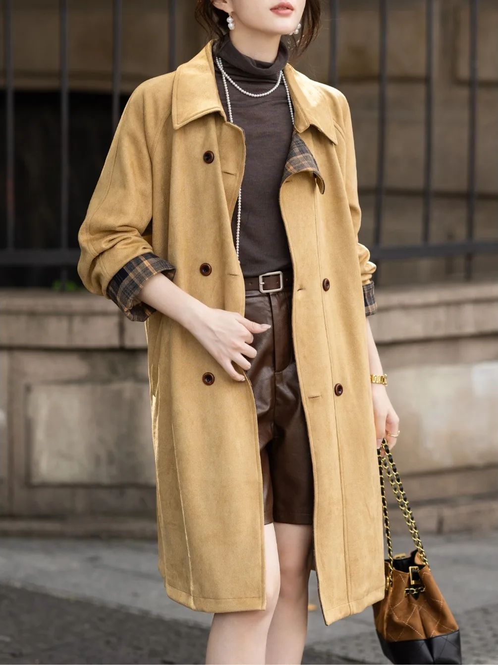Ladies Casual Plaid Color Block Design Vintage Spring Autumn Outerwear Coat Long Sleeve Midi Length Double Breasted A-Line