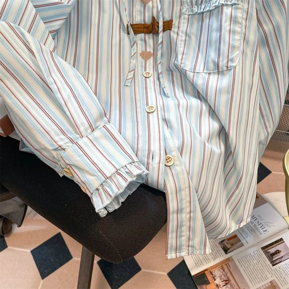 Female Peter Pan Collar Buttons Striped Shirts Autumn Trend Pocket Ruffles Turn-down Collar Long Sleeve Shirts Casual Top Tee