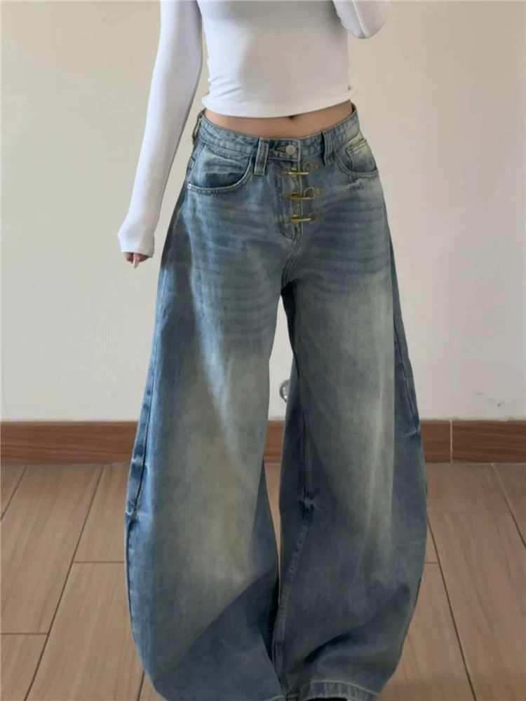 Calças Jeans Retrô Americanas com Fivela de Avião, Modernas, de Corte Limpo, Perna Larga e Reta, para Verão, Masculinas e Fem...