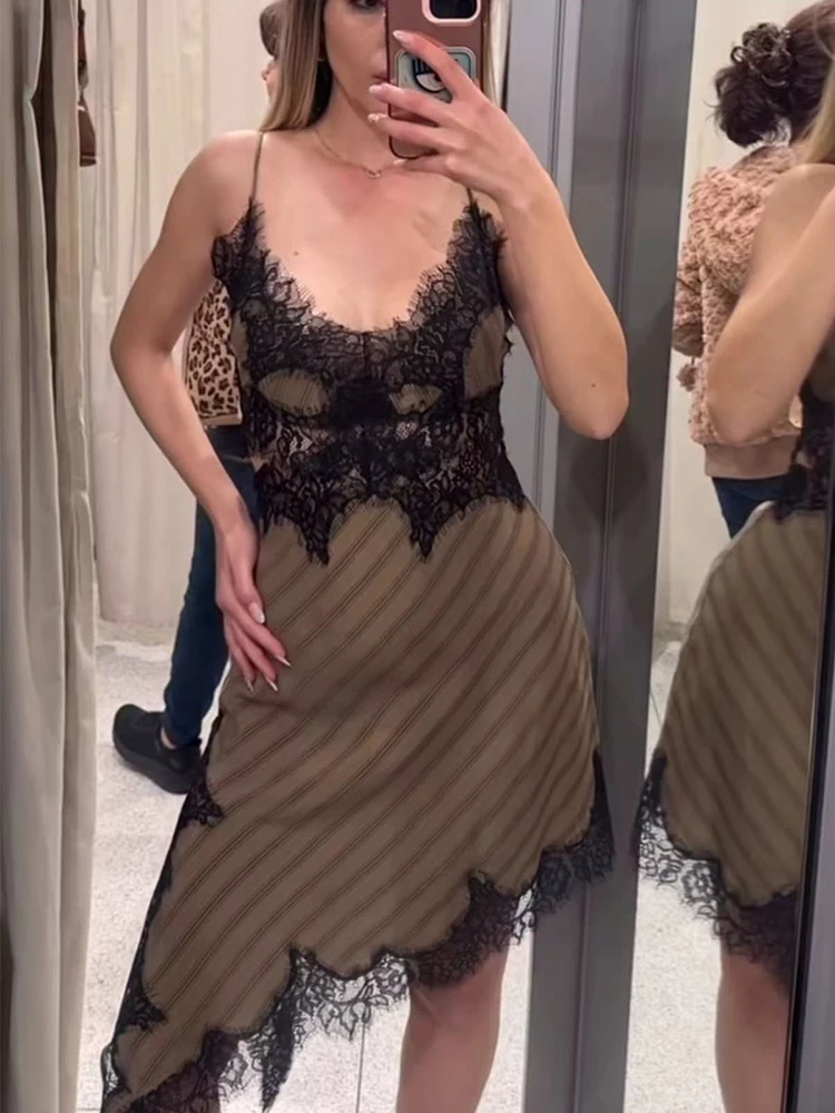 2026 Neues Damenkleid mit Spitzenbesatz und Cut-Outs Ärmellos Asymmetrischer Saum Langes Trägerkleid Elegante Damenmode für Partys und Streetwear