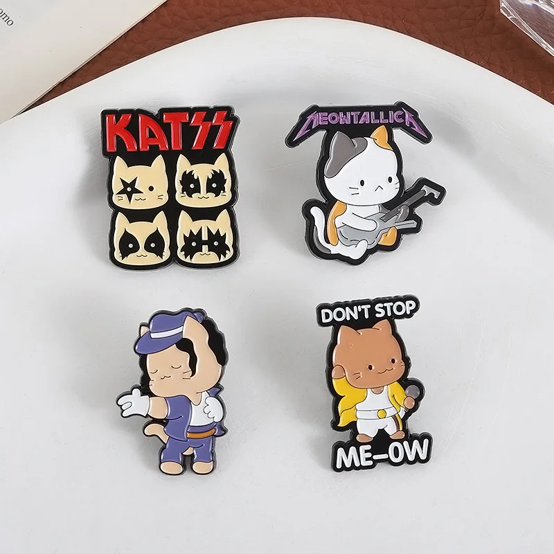 Creative Music Cat Enamel Brooch Lapel Pin Don't Stop Microphone Guitar Cowboy Punk Cat Clothes Metal Badge Jewelry Friend Gift
