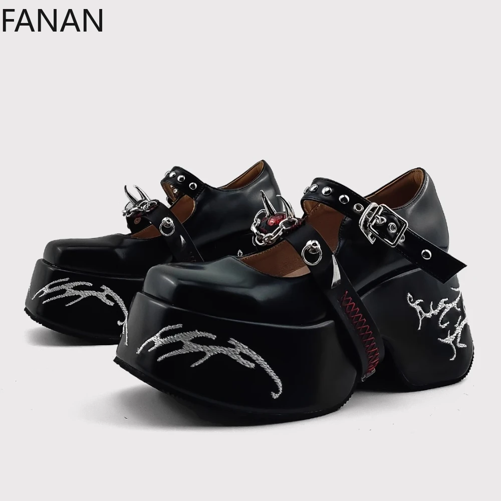 

Original Subculture Punk Shoes High Heel Pumps Chain Platform Flat Shoes 2025 Summer New Goth Rivet Mary Jane Single Shoes