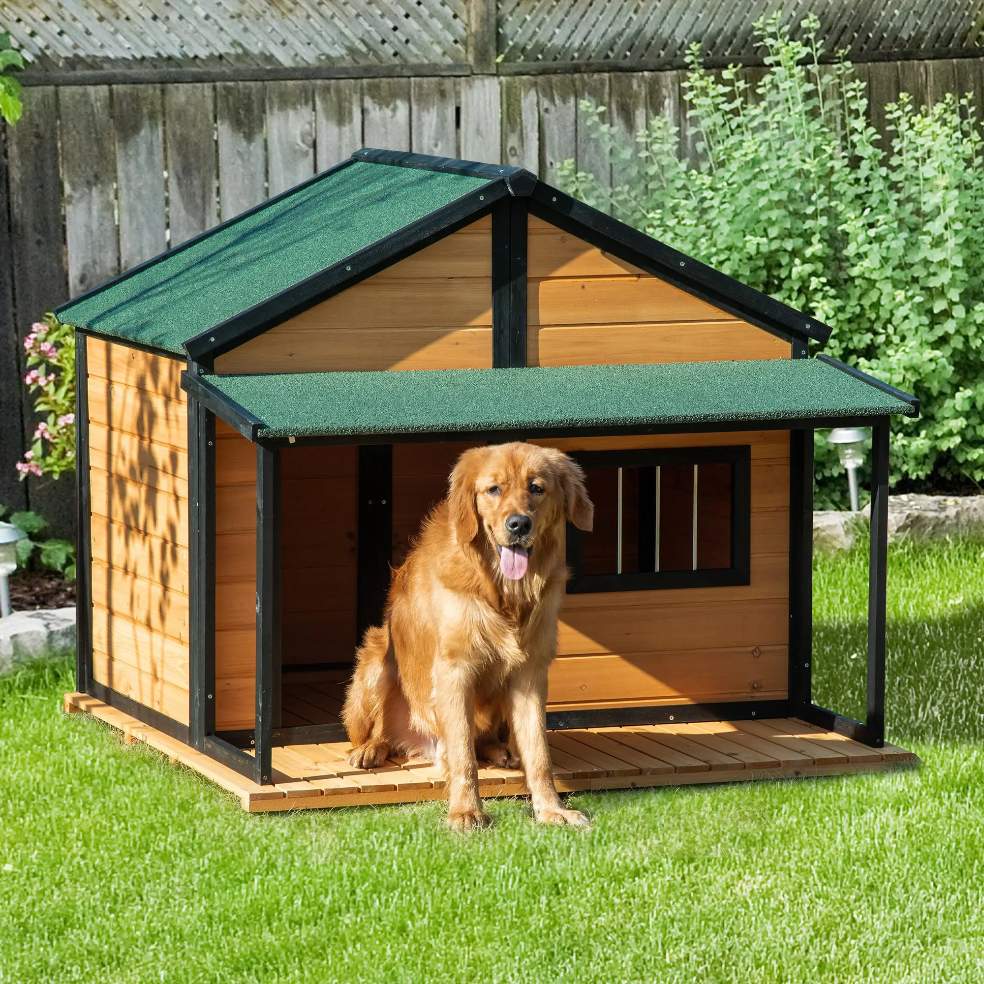 

Outdoor Dog House with Porch Elevated Wooden Cabin Pet Shelter for Medium Large Dogs Weatherproof Asphalt Roof in Stock