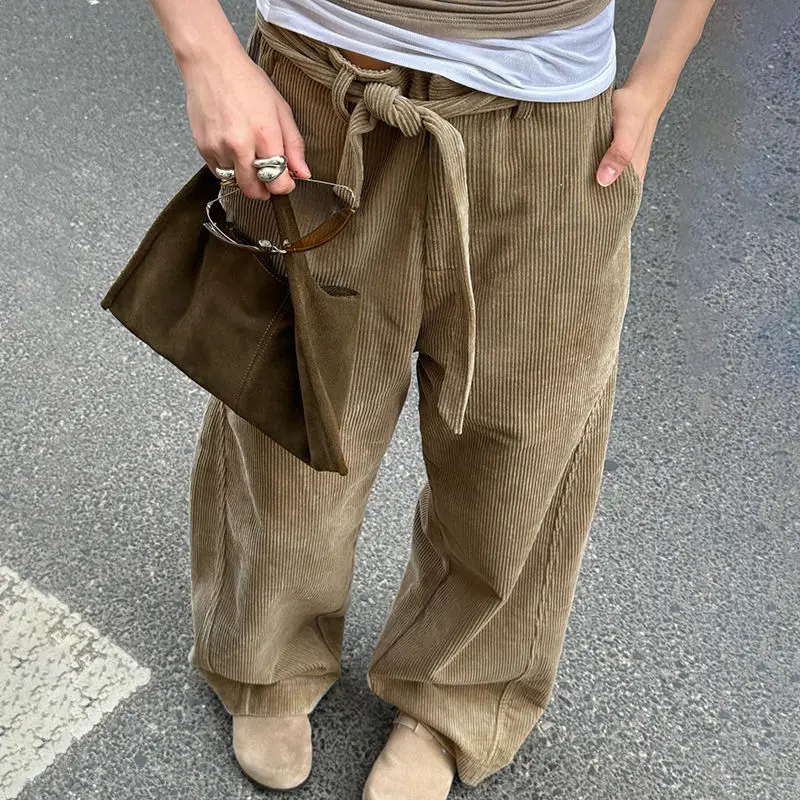 

QWEEK Vintage Brown Corduroy Pants Woman Harajuku Baggy Basic Korean Fashion Casual Trousers America Retro Wide Pantalone Winter