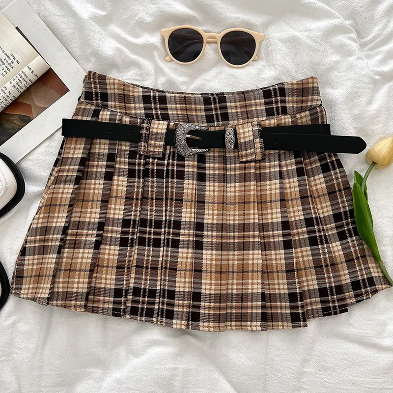Pink Plaid Tennis Skirt with Belt High Rise Boxy Pleated Mini Skirt Fall Winter Women Teen-girl Y2K Preppy Tenniscore Outfit