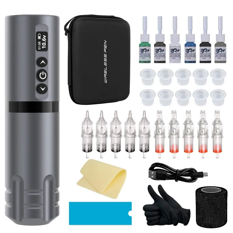 Wireless Tattoo Pen Kit Wireless Battery Pen Tattoo Tool Cartridge Needles Pigments Ink Cup Piercing Tattoo Machine Complete Set 3