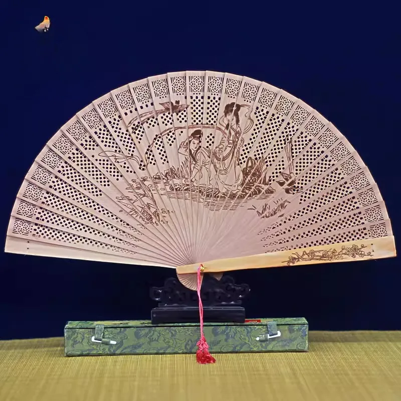 

Женский веер из сандалового дерева, портативный, классический, в стиле Ханьфу, ручной работы, с деревянной рамкой и принтом, Сучжоу