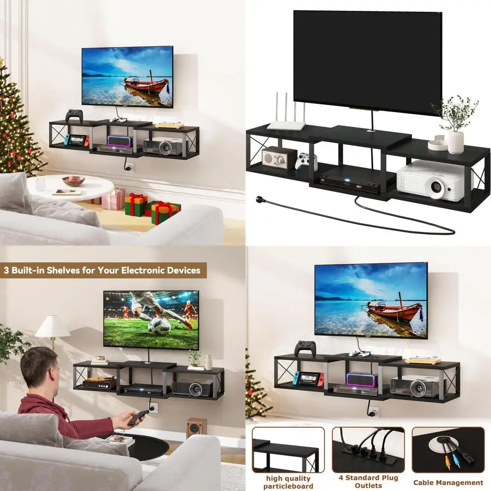 

Black Metal Wall-Mounted TV Stand with Power Outlet for 55 TVs, Storage Shelf for Living Spaces