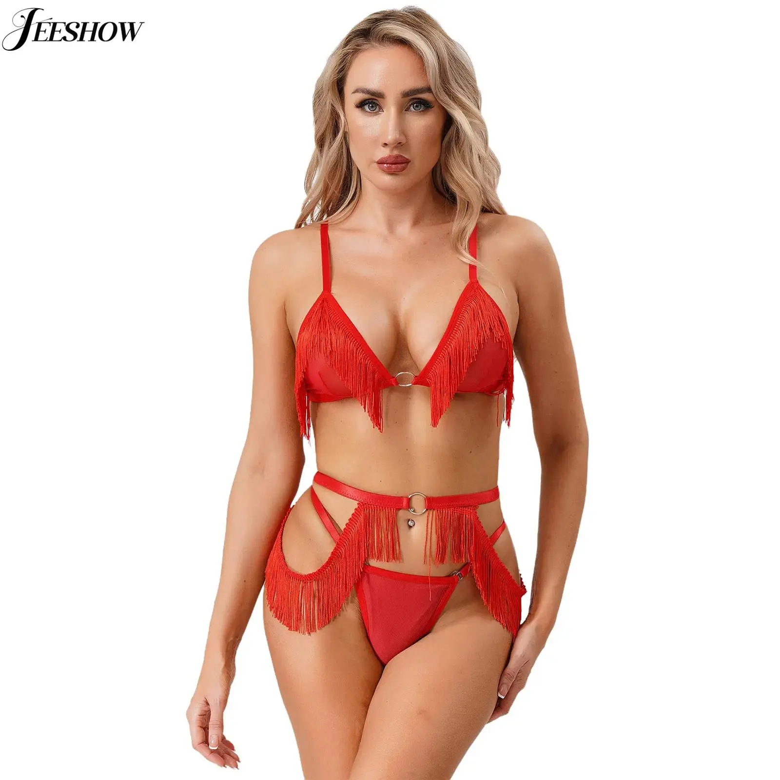 

Womens Sexy See Through Tassel Lingerie Set 3 Piece Fringed Triangle Cup Bra T-back Thongs Waist Belt Underwear Night Club Wear