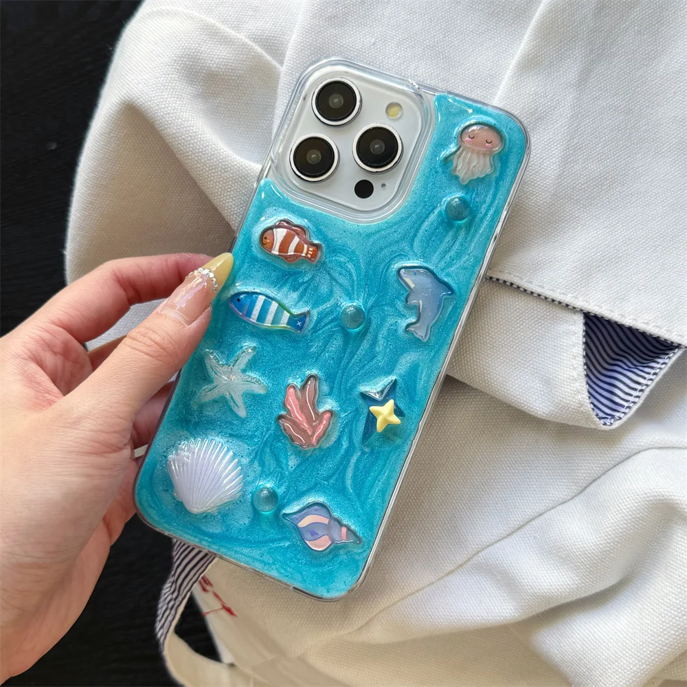 Leuke Vis Shell Geschikt Voor iPhone 17 Pro Max 15 14 13 Plus 16 Pro Max Koreaanse Rimpel Onderwaterwereld beschermhoes