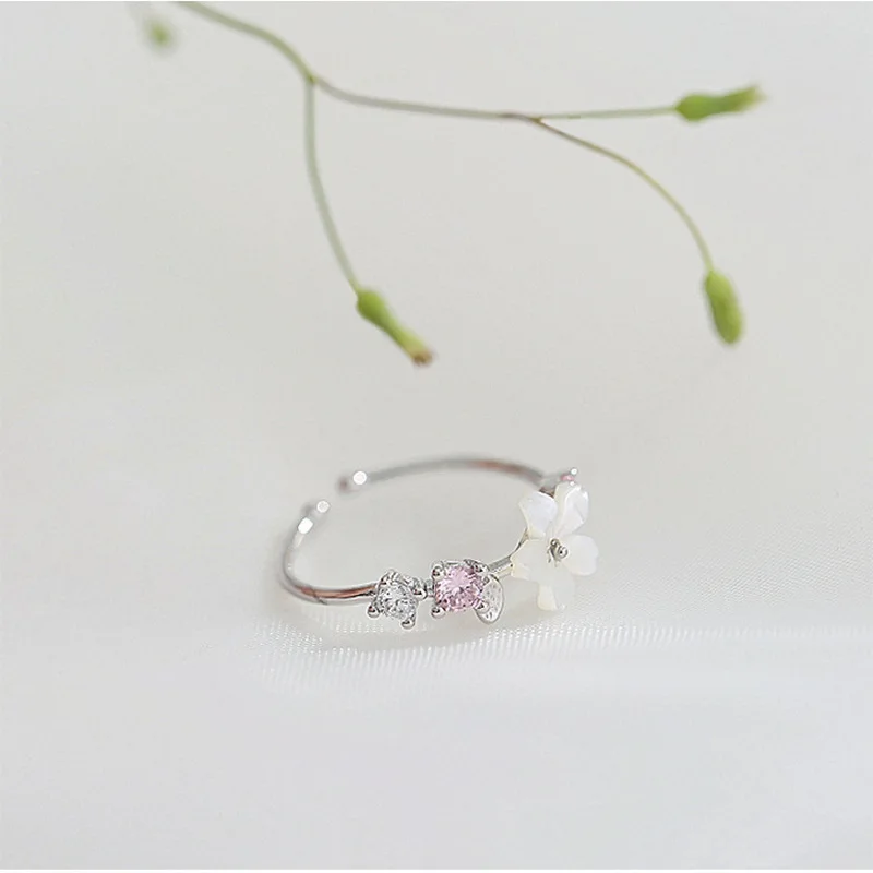 New Crystal Shell Flower Zircon Open Ring Cherry Blossoms Sakura Leaf Adjustable Wedding Rings for Women Girl Sweet Jewelry Gift