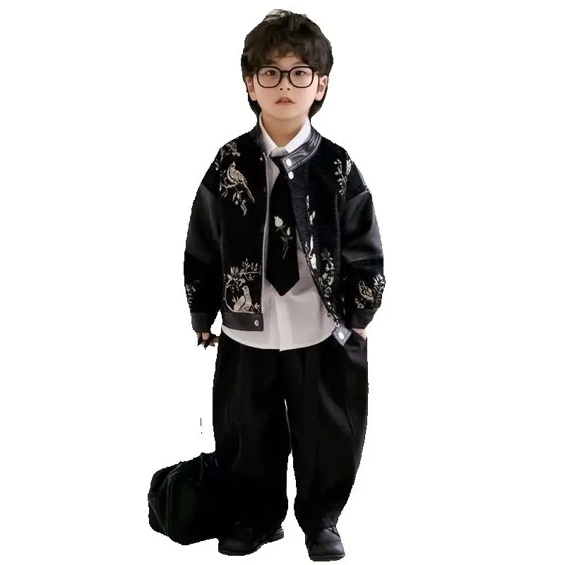 

Boys' Chinese Style Leather Jacket Handsome Stand up Collar Spring Autumn Fashion Children's Coat