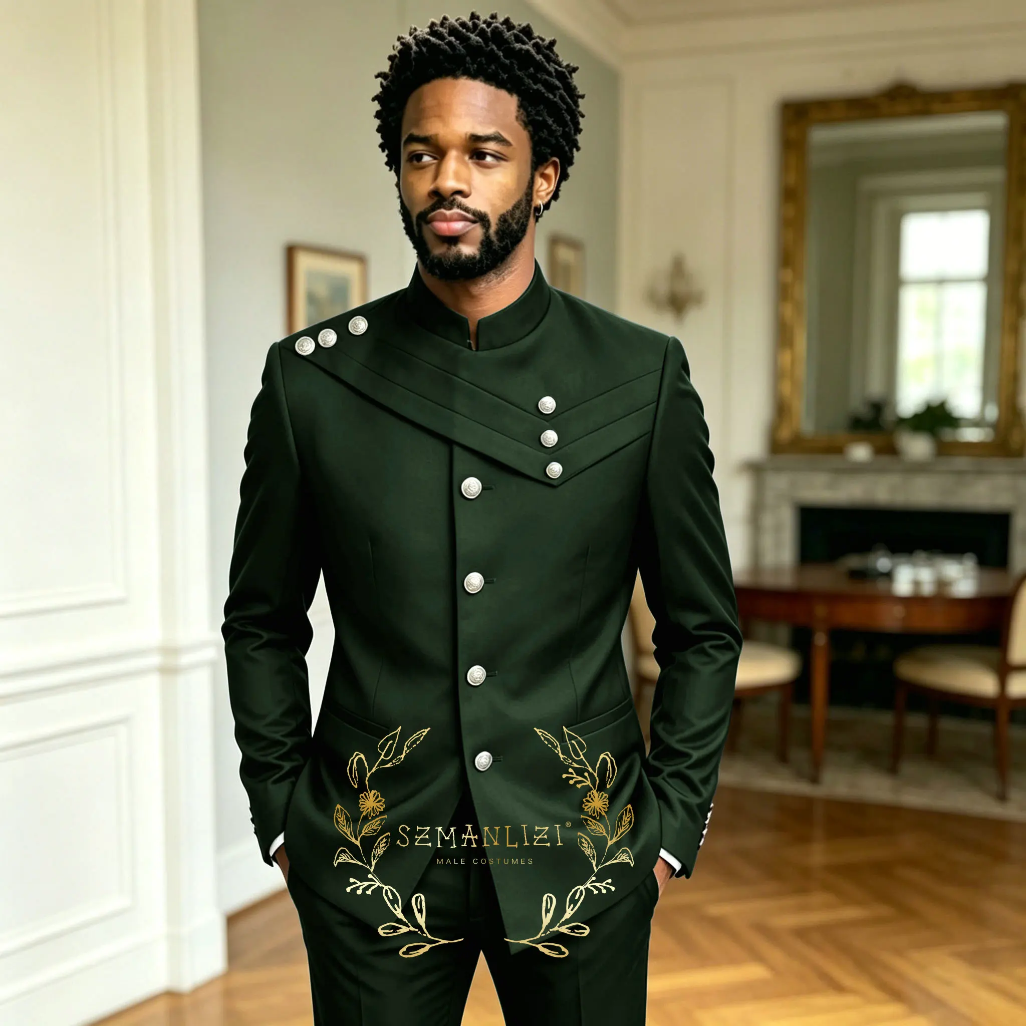 Traje de Hombre Verde Oscuro con Diseño Africano, 2 Piezas, Cuello Mao, Traje Formal de Boda, Pantalones y Blazer para Novio