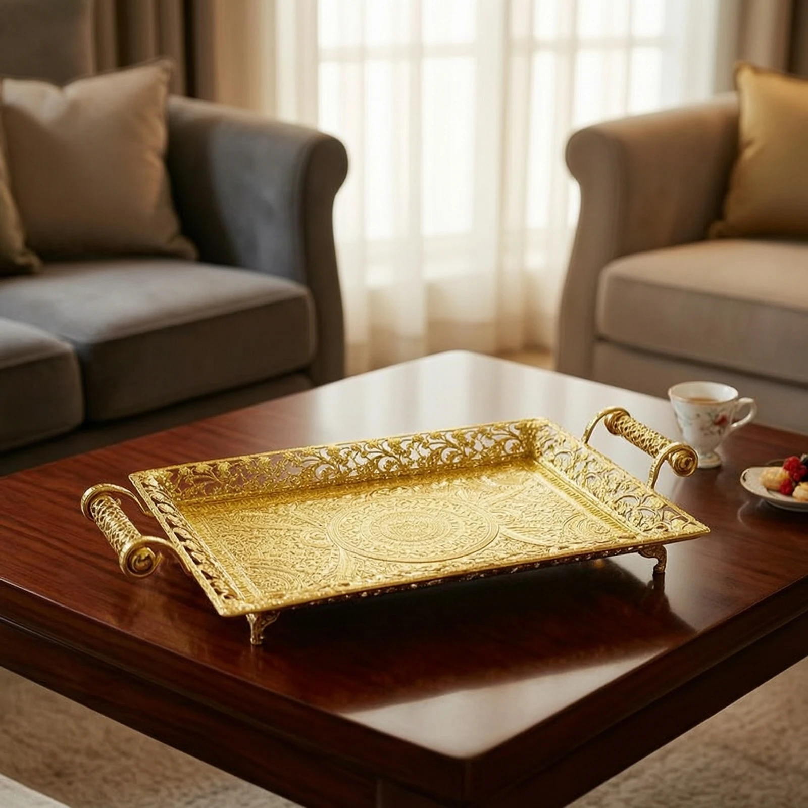Decorative Tray with Metal Handles Embossed Decorative Tray Platter Elegant Versatile for Hosts, Dining Room, Tea Time