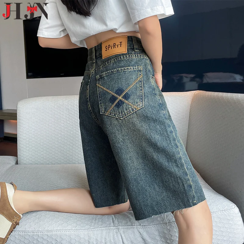 JHJN  High Waist Five Point Denim Shorts For Women Easy Cover Meat Make Old Embroidery Wide Leg Mid Length Pants Luxury Brand