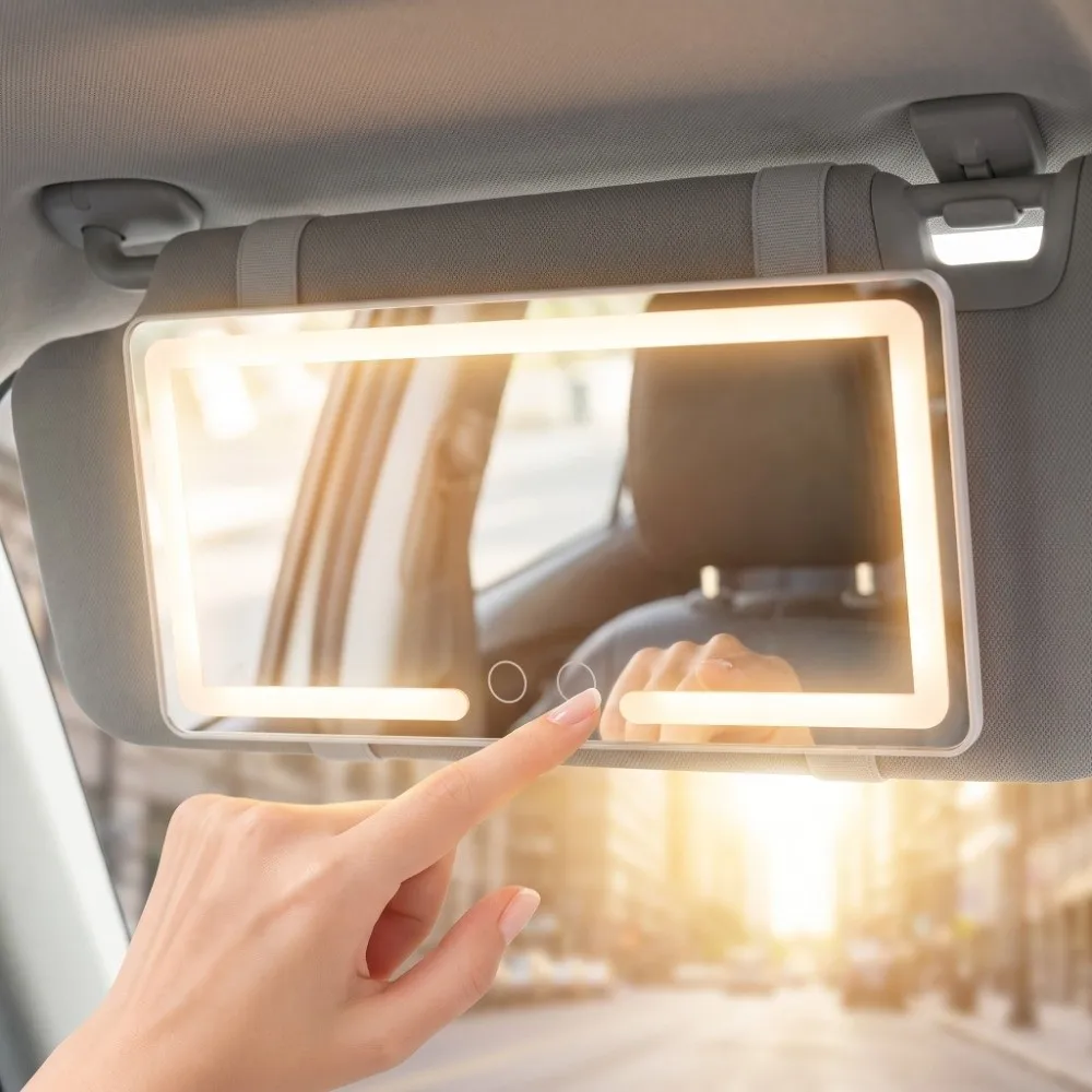 Ultra-thin LED Car Vanity Mirror with Touchscreen Three-color Light Adjustment High-definition Makeup Mirror Rechargeable