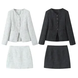 2024 French Style Retro V collar Plaid Woven Tweed Blazer + High Waist Mini Short Skirts Suits 2 pieces 1 Set Black White