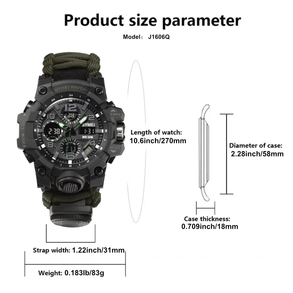 SHIYUNME Outdoor Survival Men Watch Multifunctional Waterproof Military Tactical Paracord Watch Compass Thermometer Quartz Watch