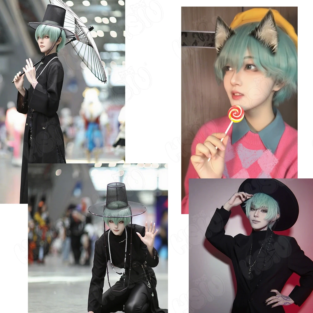 วิกคอสเพลย์ Saja Boys HSIU 30 ซม. สีเขียวมิ้นต์ ผมสั้น วิกผมสังเคราะห์+หมวกวิก อนิเมะ K-Pop Demon Hunters Saja Boys Cosplay