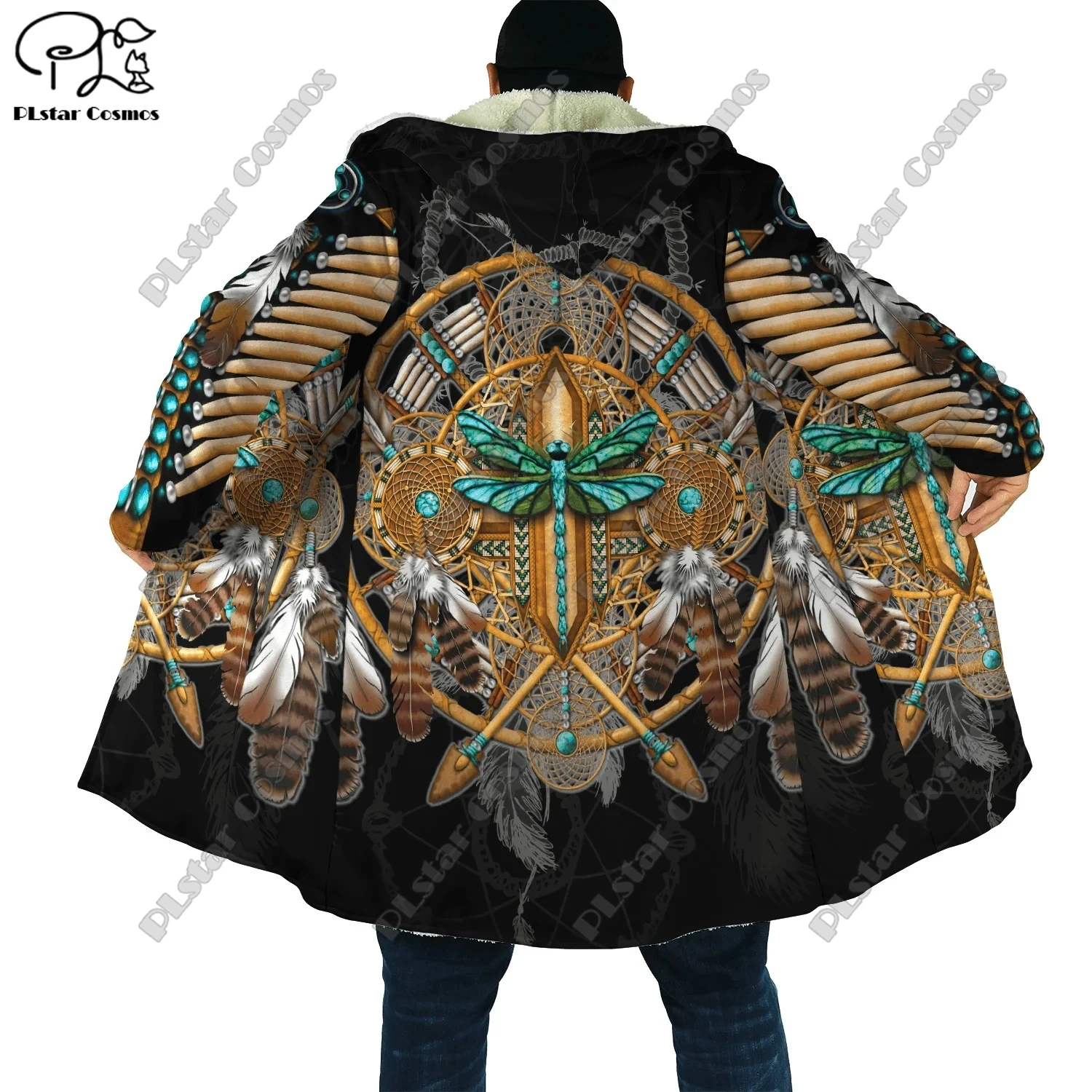 3D printed aboriginal wolf, feather pattern fashionable winter hooded fleece windbreaker buttoned unisex casual warm jacket  Y-1