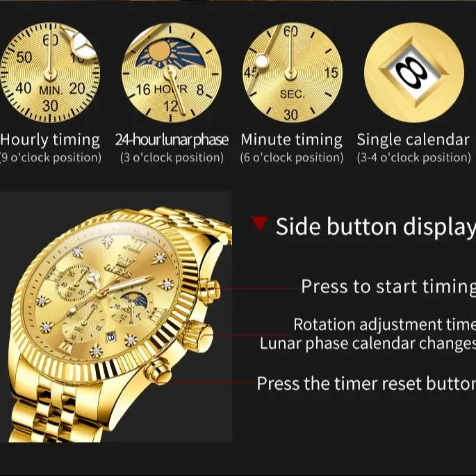 ساعة OLEVS للرجال متعددة الوظائف من الكوارتز المقاوم للماء ، المرحلة القمرية ، رمز الكرونوغراف ، العلامة التجارية الراقية ، الموضة الفاخرة ،