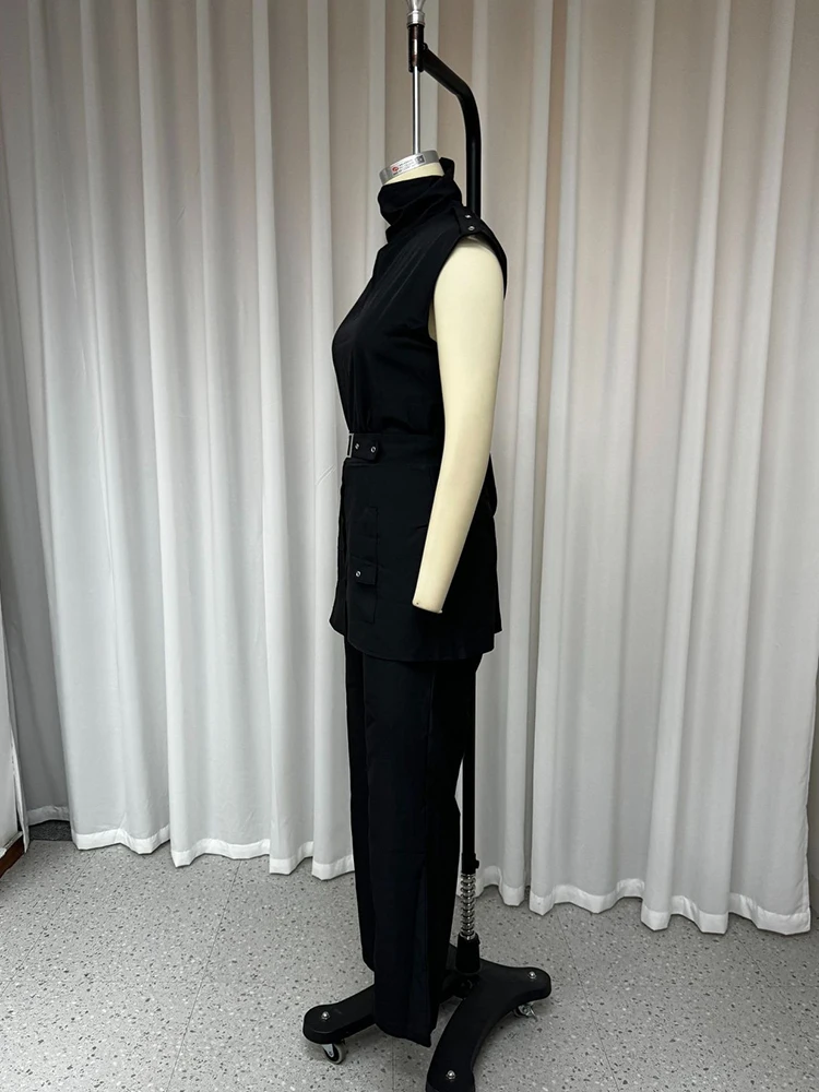 GALCAUR Office Solid Sets Women Stand Collar Sleeveless Spliced Belt Cutout Top High Waist Long Pant Suits Female 2024 Clothing