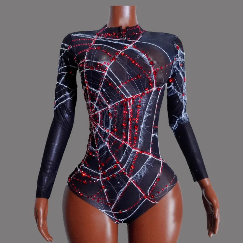 

Sexy Spider Web Bodysuit Mesh Transparent Red Rhinestone Black Leotard party Dance Halloween Nightclub dress Stage Performance