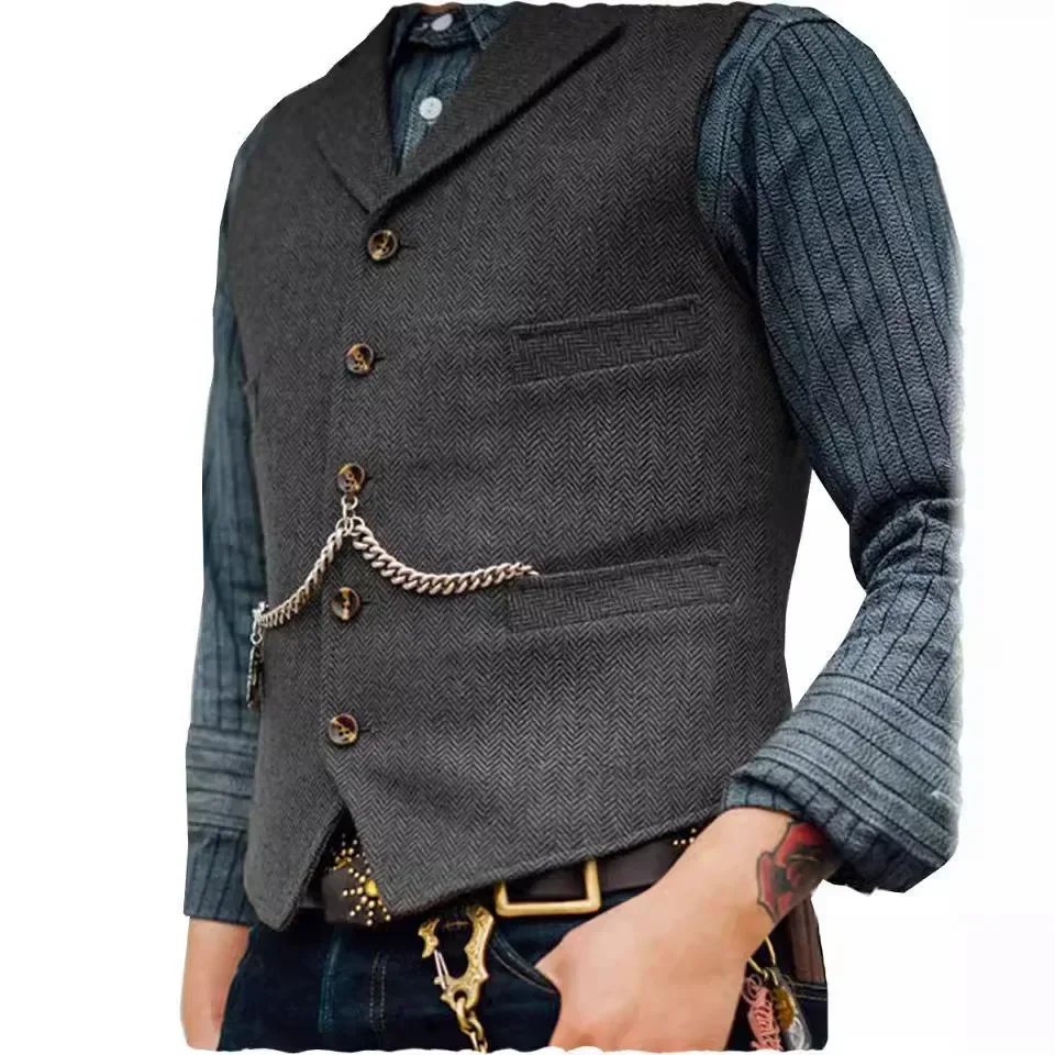 

Wool Tweed Men's Suits Vest for Groomsmen Wedding Lapel Casual Slim Business Vests Sleeveless Waistcoat Male Gilet Homme Vests