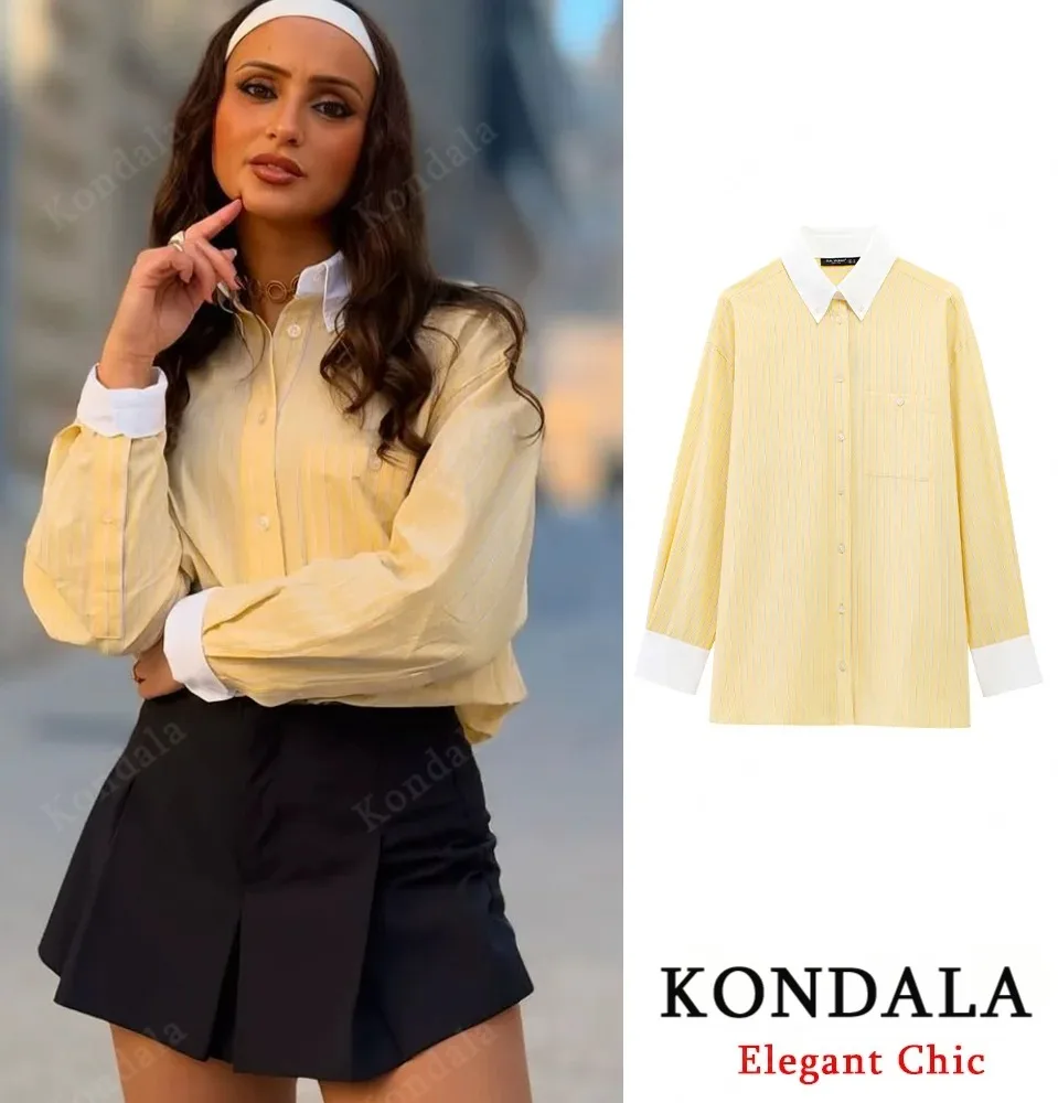 

KONDALA Women Casual Butter Yellow Shirt Striped Lapel Buttons Loose Shirt New 2025 Spring Holidays High Street Versatile Shirts