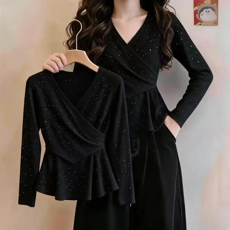 Long Sleeve Irregular Solid Elegant Tops Tees Spring Autumn New Pleated Street Casual T Shirts Fashion Temperament Women Clothes