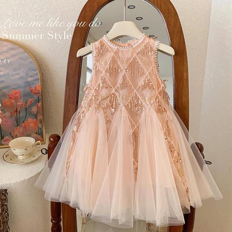 Korean Style New Summer Girl's Party Dress Sleeveless Round Collar Sequin Tassels Pendant Mesh Princess Dresses For 2-10 Years